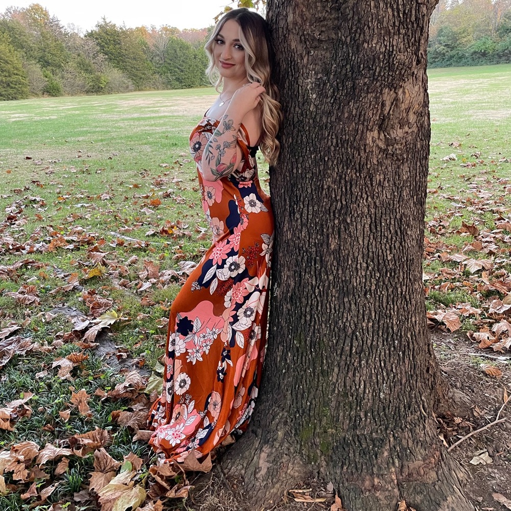Beautiful FREE PEOPLE RARE Retro floral print Orange rust maxi dress SZ xs